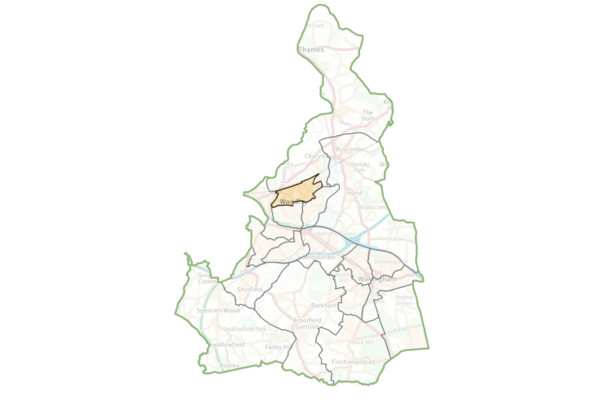 map of Wokingham Borough with Bulmershe and Coronation ward coloured in