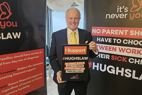 Clive Jones MP in a suit, stood in front of a poster from the organisation "It's Never You". Clive Jones is smiling at the camera and holding a sign, wich reads "I Support #HUGHSLAW". NO PARENTS SHOULD HAVE TO CHOOSE BETWEEN WORK AND THEIR SICK CHILD" 