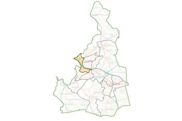Map of the borough with Maiden Erlegh and Whitegates ward coloured in.