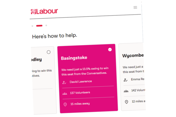 Screenshot of the Labour Party website instructing people to campaign in Basingstoke.